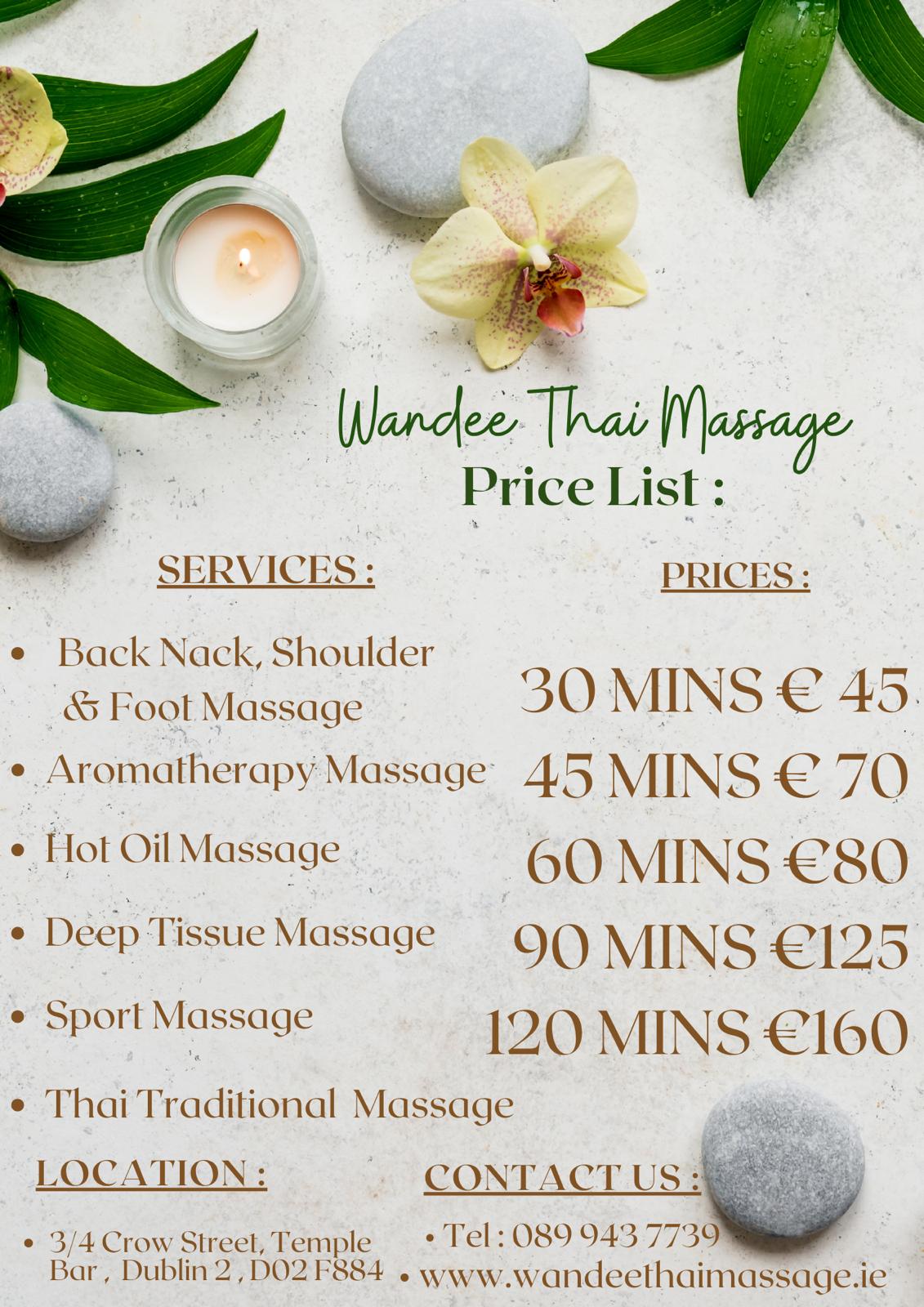 Wandee Thai Massage price list with services, prices, location, and contact details.