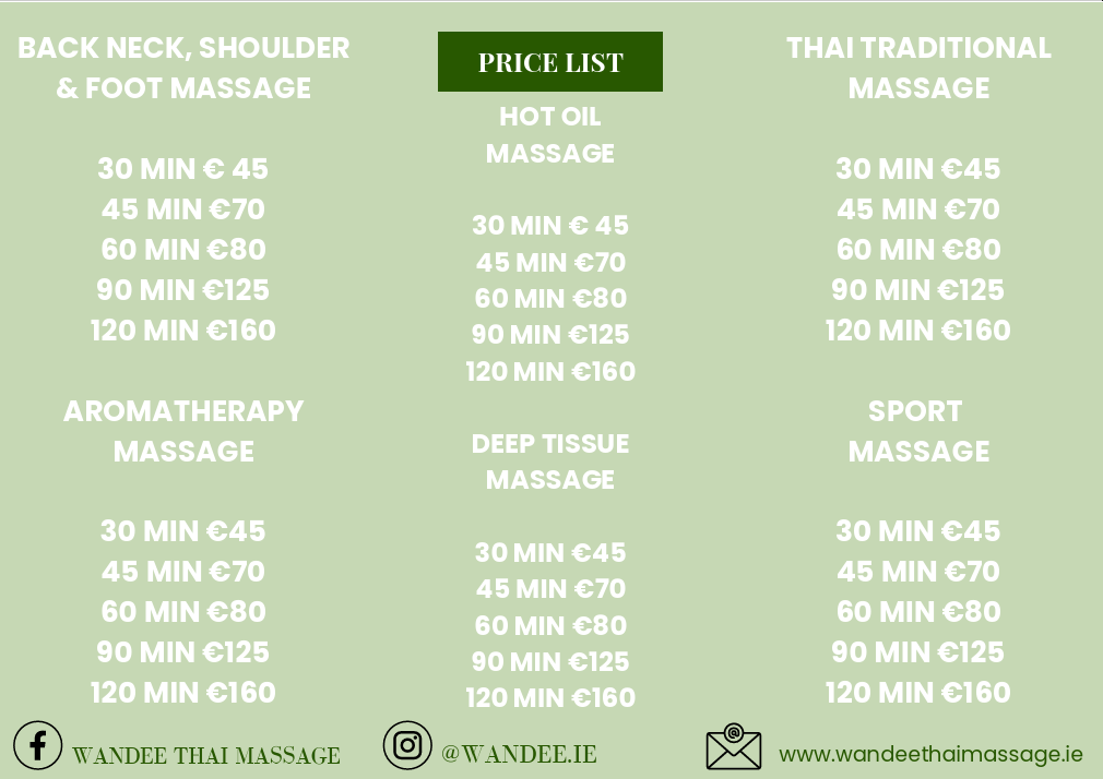 Wandee Thai Massage price list overview.